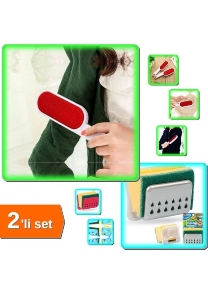 Çift Taraflı Toz Alma Fırçası + Bulaşık Süngeri Askısı + Sünger - 2li Set P8Y1S1