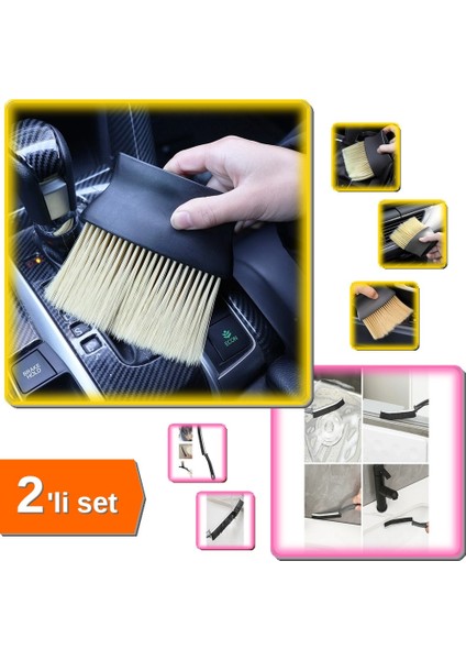 Araç Temizlik Fırçası Yumuşak Kıllı + Ince Kıl Temizlik Fırçası Çok Amaçlı - 2li Set F8P0G3