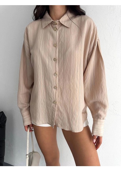 Sptrns Çizgili Oversize Gömlek Bej (Beden: M) fiyatları
