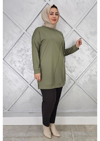 Kadın Çiçekli Nervür Dikim Detaylı Tesettür Tunik