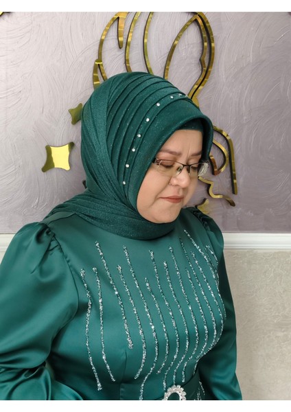 Simli Zümrüt Yeşil Taş Detaylı Hazır Türban Hazır Şal Hazır Duvak
