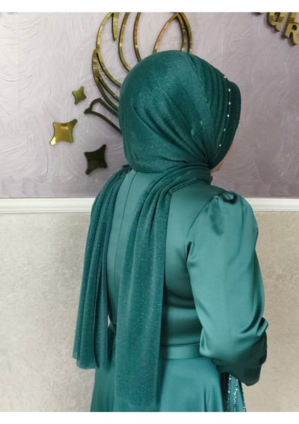 Simli Zümrüt Yeşil Taş Detaylı Hazır Türban Hazır Şal Hazır Duvak fiyatları
