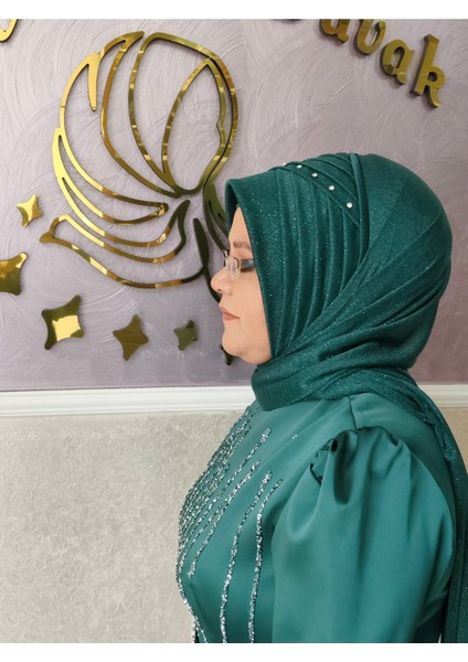 Simli Zümrüt Yeşil Taş Detaylı Hazır Türban Hazır Şal Hazır Duvak modelleri