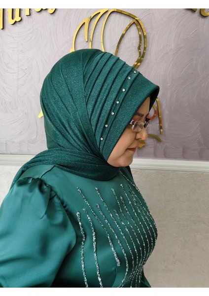 Simli Zümrüt Yeşil Taş Detaylı Hazır Türban Hazır Şal Hazır Duvak fırsatları