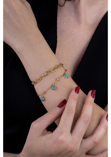 Firuze Taşlı Çift Zincir Altın Kaplama Çelik Kadın Bileklik