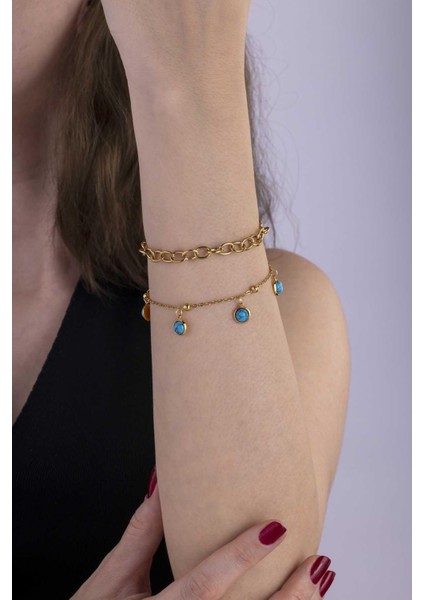 Firuze Taşlı Çift Zincir Altın Kaplama Çelik Kadın Bileklik fiyatları