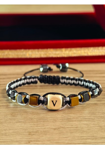 Makrome Örme Bileklik El Yapımı Kişiye Özel Harfli Bileklik Doğal Taş Hematit Bileklik