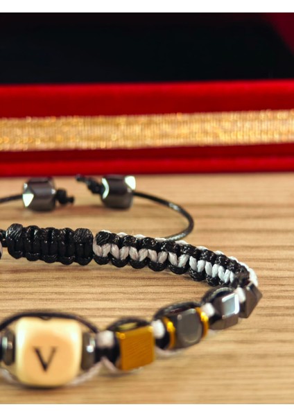 Makrome Örme Bileklik El Yapımı Kişiye Özel Harfli Bileklik Doğal Taş Hematit Bileklik