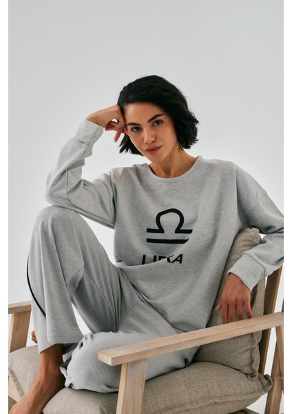 Kadın Gri Terazi Burcu Oversize 2 Iplik Eşofman Ev Giyim Takımı fırsatları