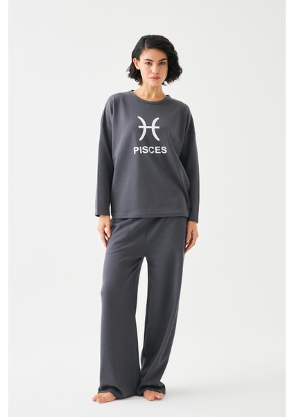 Kadın Füme Balık Burcu Oversize 2 Iplik Eşofman Ev Giyim Takımı