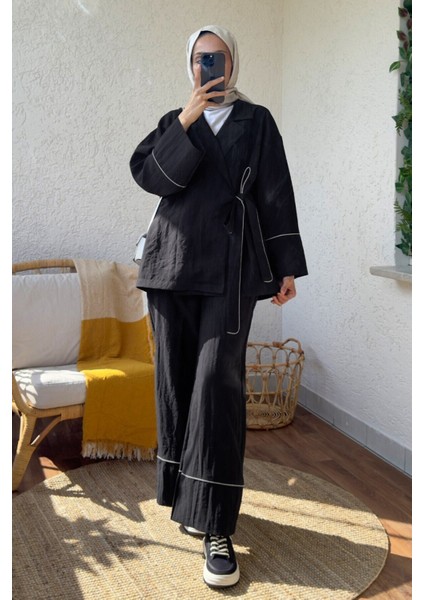 Kadın Biye Detaylı Yandan Bağlamalı Alt Üst Pantolon ve Kimono Takım Siyah