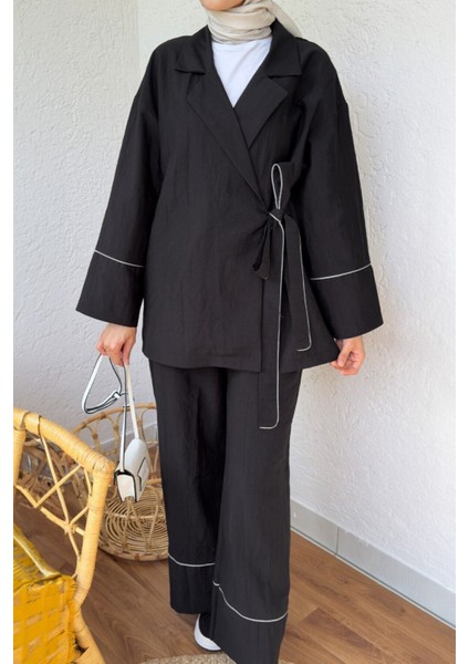 Kadın Biye Detaylı Yandan Bağlamalı Alt Üst Pantolon ve Kimono Takım Siyah fiyatları