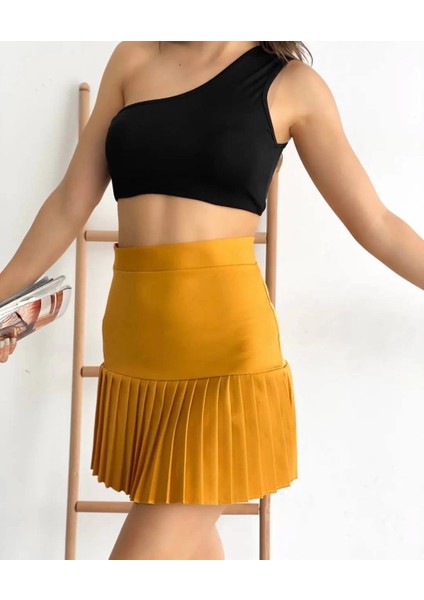 Sptrns Altı Pliseli Mini Etek Hardal S24705 (Beden: S)