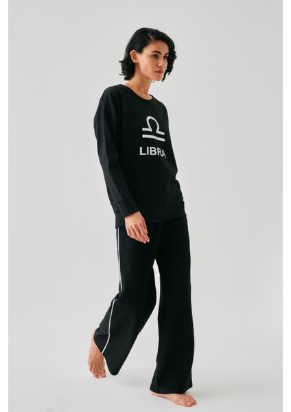 Kadın Siyah Terazi Burcu Oversize 2 Iplik Eşofman Ev Giyim Takımı