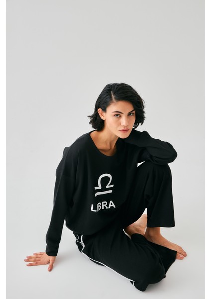 Kadın Siyah Terazi Burcu Oversize 2 Iplik Eşofman Ev Giyim Takımı fırsatları