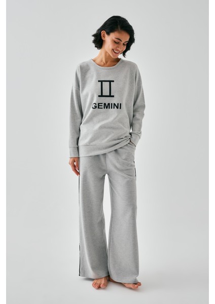 Kadın Gri Ikizler Burcu Oversize 2 Iplik Eşofman Ev Giyim Takımı modelleri