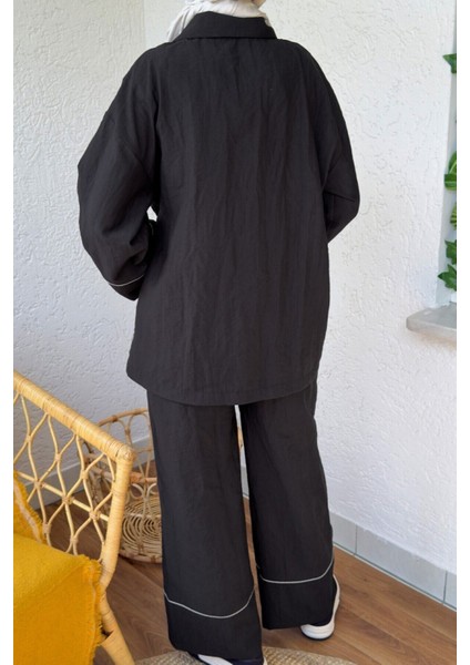 Kadın Biye Detaylı Yandan Bağlamalı Alt Üst Pantolon ve Kimono Takım Siyah indirimleri