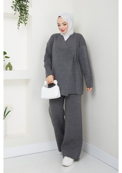 Kadın Yandan Bağlamalı Triko Takım Tesettür - Antrasit