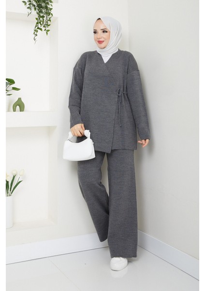 Kadın Yandan Bağlamalı Triko Takım Tesettür - Antrasit fiyatları