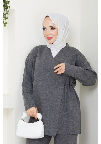 Kadın Yandan Bağlamalı Triko Takım Tesettür - Antrasit modelleri