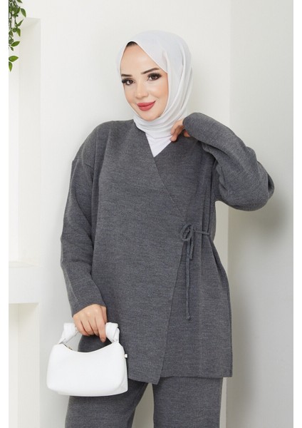 Kadın Yandan Bağlamalı Triko Takım Tesettür - Antrasit fırsatları