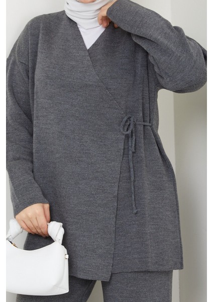 Kadın Yandan Bağlamalı Triko Takım Tesettür - Antrasit