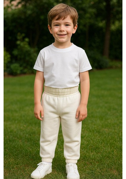Erkek Çocuk %100 Pamuk Beli ve Paçası Lastikli Eşofman Altı - Beyaz (3-4 Yaş 8-9 Yaş)