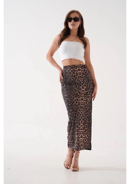Lvsqvr Uzun Yırtmaçlı Ince Kumaş Etek Leopar Siyah (Beden: S) indirimleri
