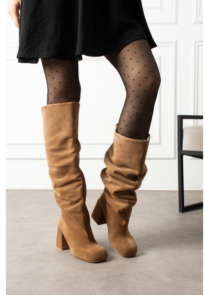 Asle Kadın Çizme Kalın Topuklu Hakiki Deri Süet Vizon