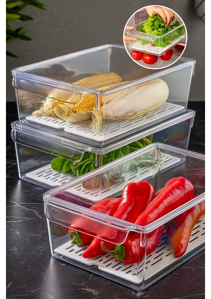 Lüks 3'lü Süzgeçli Kapaklı Buzdolabı Düzenleyici | Saklama Kabı | Dolap Içi Düzenleyici Organizer | indirimleri