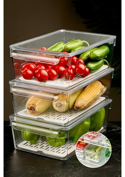 Lüks 3'lü Süzgeçli Kapaklı Buzdolabı Düzenleyici | Saklama Kabı | Dolap Içi Düzenleyici Organizer |