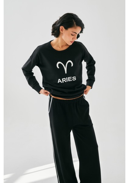 Kadın Siyah Koç Burcu Oversize 2 Iplik Eşofman Ev Giyim Takımı