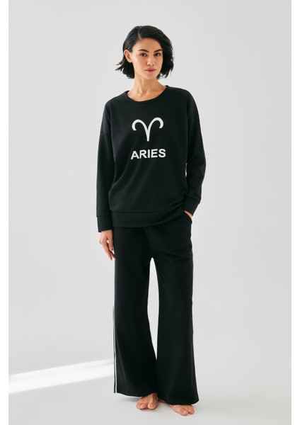Kadın Siyah Koç Burcu Oversize 2 Iplik Eşofman Ev Giyim Takımı fiyatları