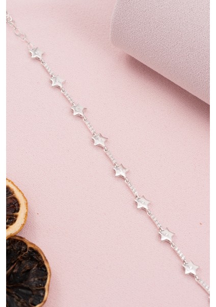 925 Ayar Gümüş Rodyumlu Zirkon Taşlı Sıralı Yıldız Bileklik