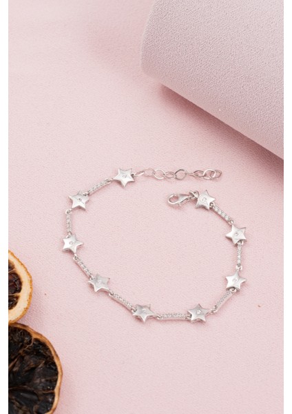 925 Ayar Gümüş Rodyumlu Zirkon Taşlı Sıralı Yıldız Bileklik fiyatları