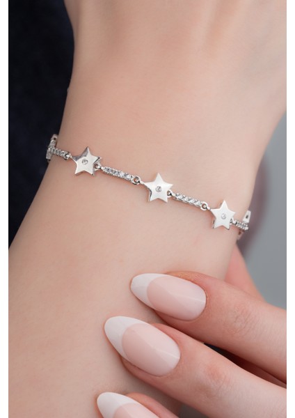 925 Ayar Gümüş Rodyumlu Zirkon Taşlı Sıralı Yıldız Bileklik fırsatları