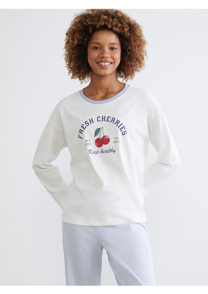 Yeni Sezon Bisiklet Yaka Kiraz Baskılı Kadın Pijama Takımı