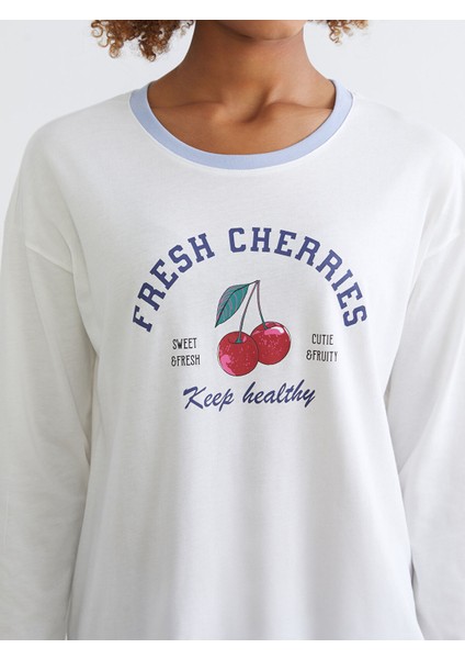 Yeni Sezon Bisiklet Yaka Kiraz Baskılı Kadın Pijama Takımı modelleri
