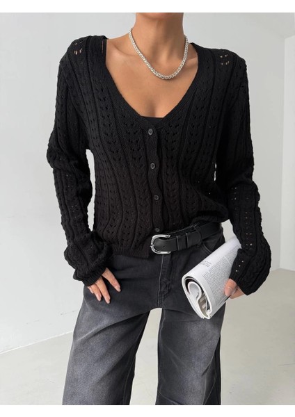 Sptrns Küçük Düğmeli Küçük Örgülü Triko Hırka Siyah (Beden: Standart)