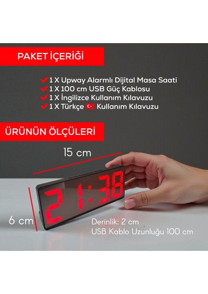 Kırmızı LED Dijital Masa Saati – Aynalı Şık Çift Alarm Sıcaklık Tarih