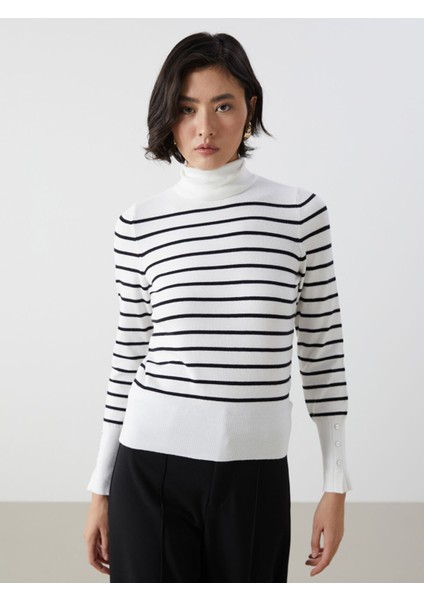 Yeni Sezon Balıkçı Yaka Çizgili Kadın Triko Kazak