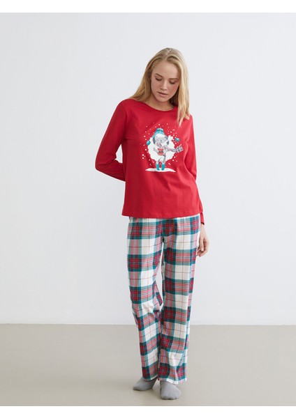 Yeni Sezon Bisiklet Yaka Yılbaşı Temalı Kadın Pijama Takımı modelleri