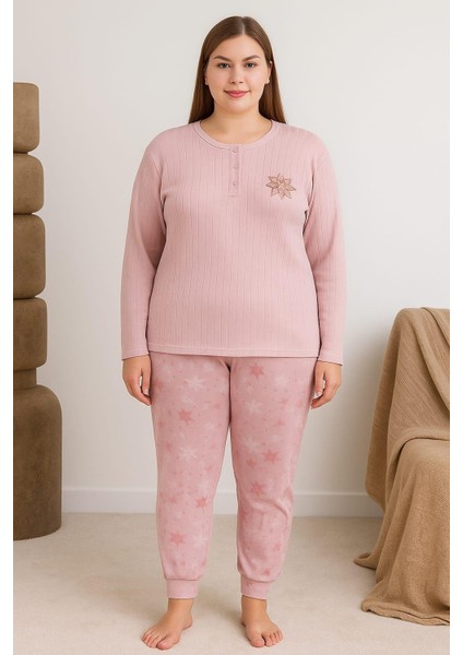 Kadın Büyük Beden 0250 Raporlu Pijama Takımı Gül Kurusu