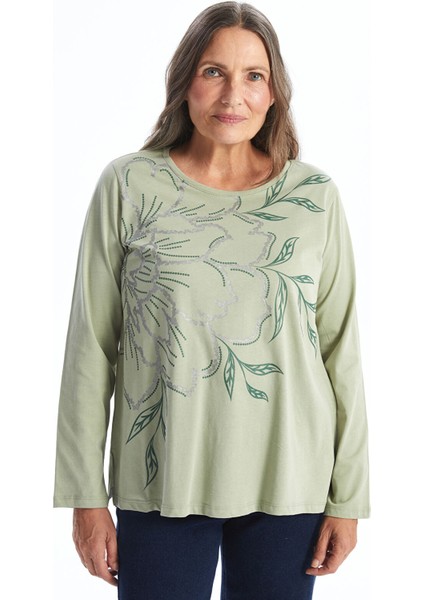 Yeni Sezon Bisiklet Yaka Baskılı Uzun Kollu Kadın Tişört