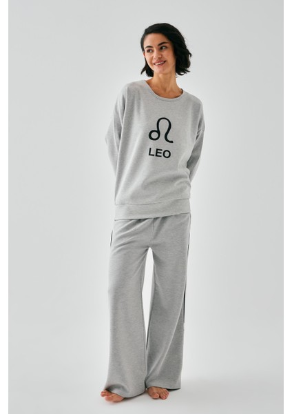 Kadın Gri Aslan Burcu Oversize 2 Iplik Eşofman Ev Giyim Takımı