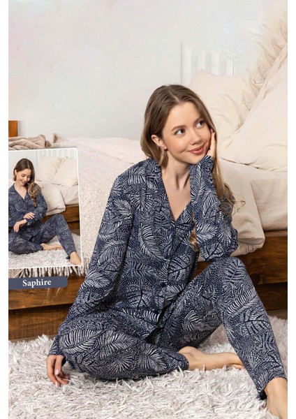 Kadın Yaprak Desen Düğmeli Saphire Pijama Takımı 0332 Lacivert fiyatları
