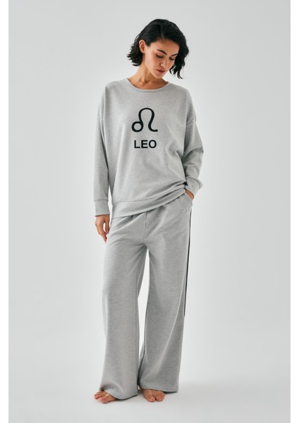 Kadın Gri Aslan Burcu Oversize 2 Iplik Eşofman Ev Giyim Takımı modelleri