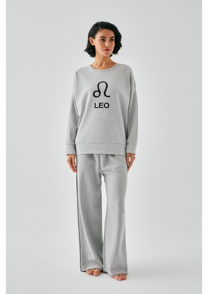 Kadın Gri Aslan Burcu Oversize 2 Iplik Eşofman Ev Giyim Takımı fırsatları
