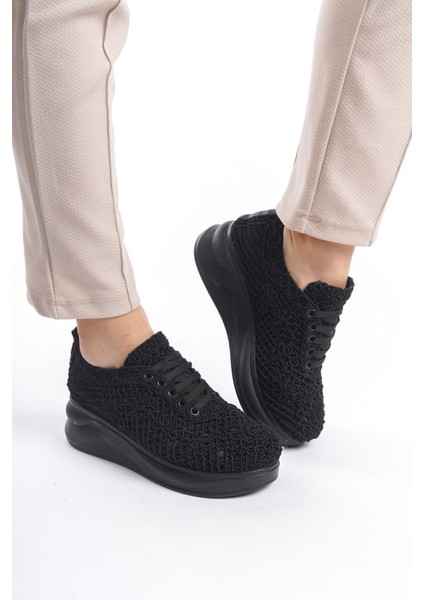 Siyah Açık Yüksek Spor Tabanlı Dantel Motifli Yazlık Günlük Kadın Casual Babet Ayakkabı