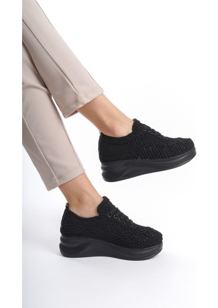 Siyah Açık Yüksek Spor Tabanlı Dantel Motifli Yazlık Günlük Kadın Casual Babet Ayakkabı modelleri